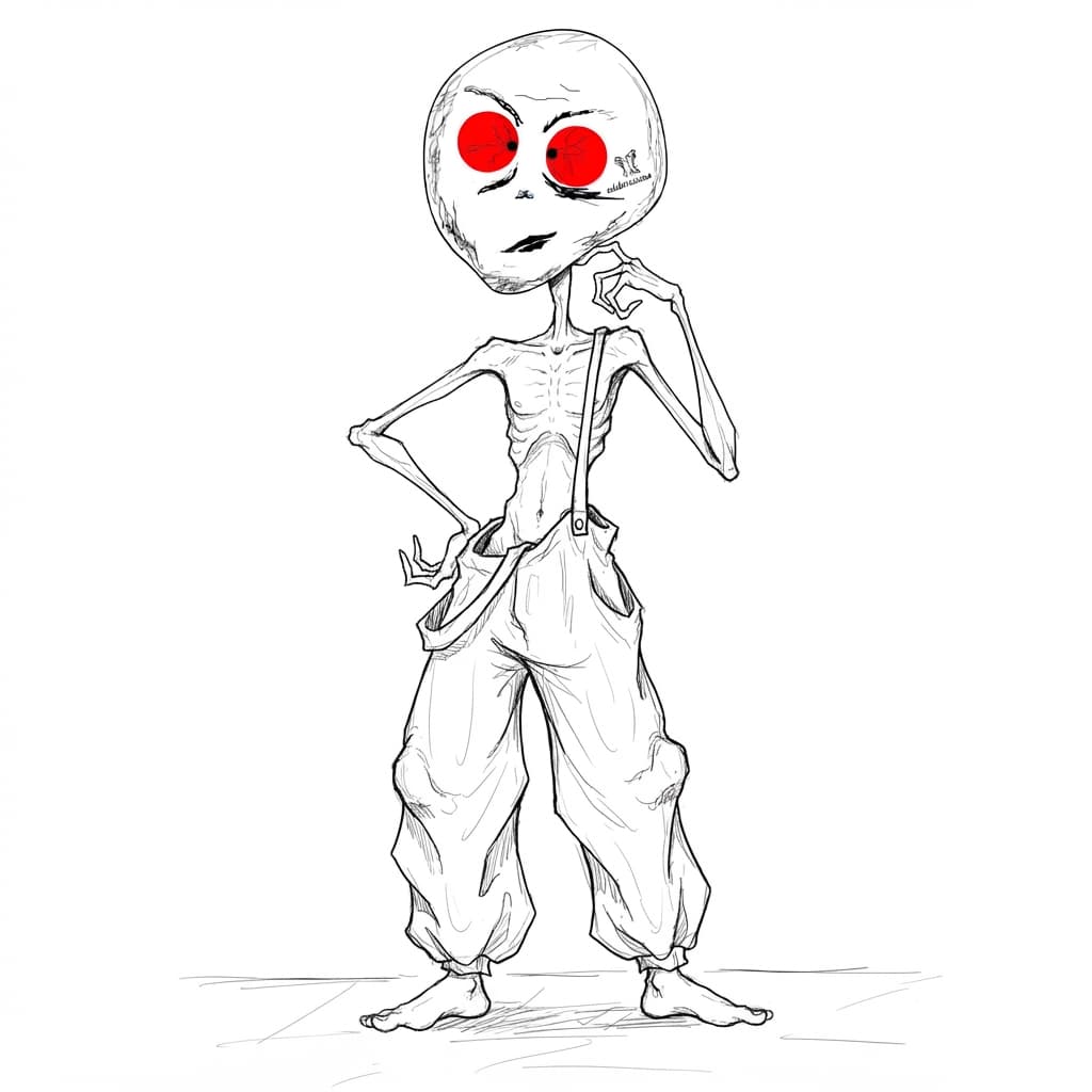 Oddi Massina ink-black character with glowing red eyes